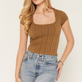 Square Neck Lace Trim Textured Short Sleeve Cropped Top