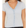 V-Neck Ruffle Trim Puff Short Sleeve Fitted Top
