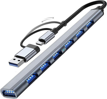 7-Port High-Speed USB Hub | USB-A Expansion with Type-C Adapter | Multi-Port Connector for Computer Peripherals and Data Transfer