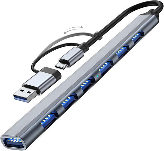7-Port High-Speed USB Hub | USB-A Expansion with Type-C Adapter | Multi-Port Connector for Computer Peripherals and Data Transfer