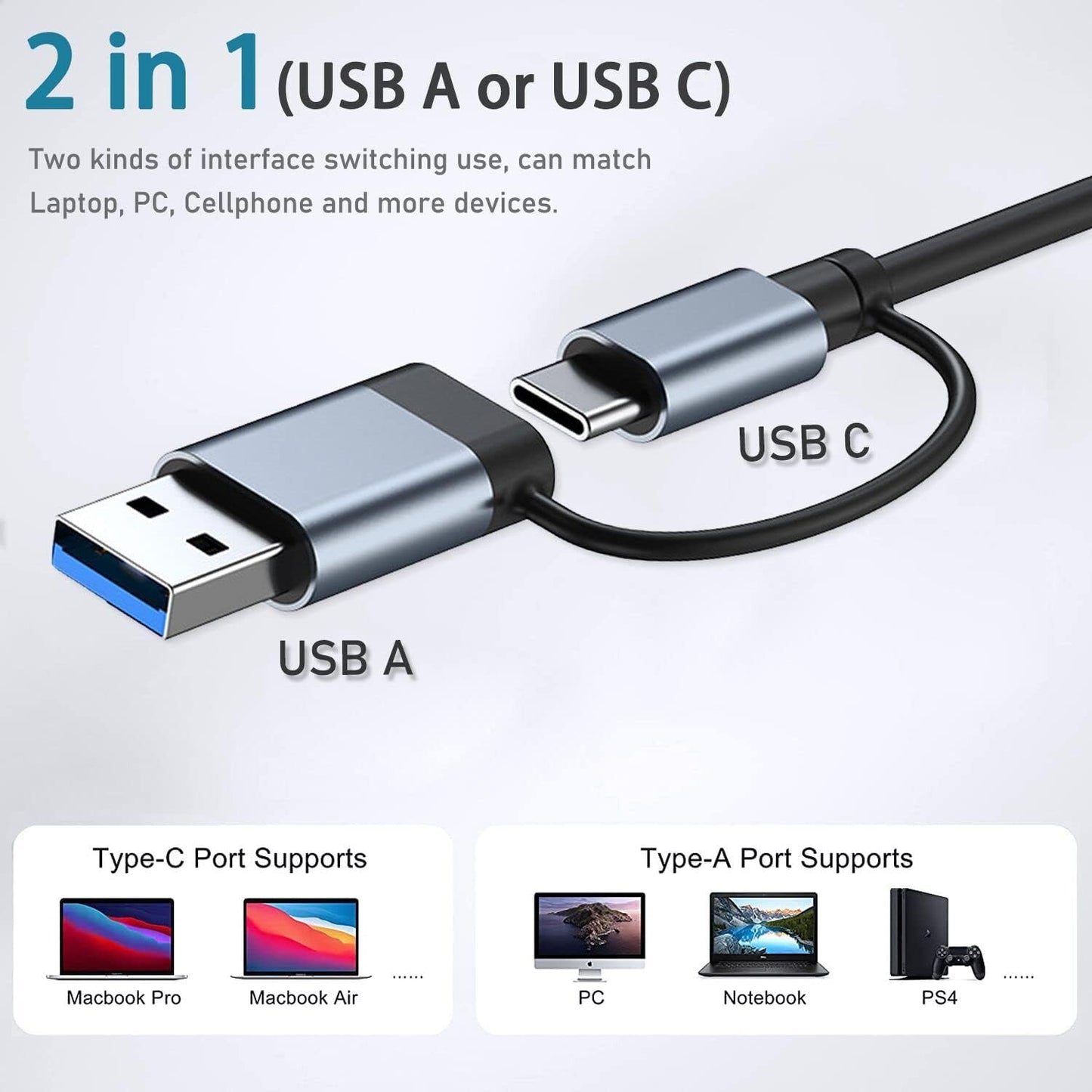 7-Port High-Speed USB Hub | USB-A Expansion with Type-C Adapter | Multi-Port Connector for Computer Peripherals and Data Transfer