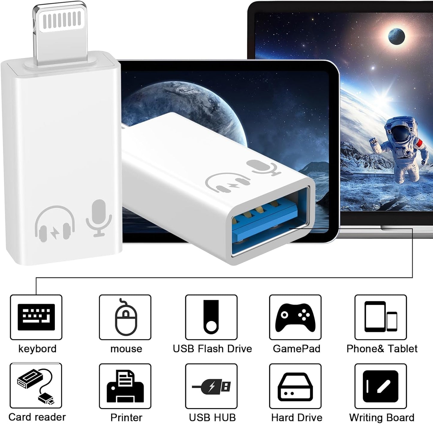 Lightning to USB Adapter 2-Pack | USB 3.0 High-Speed Converter | External Device & Data Access Connector