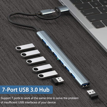 7-Port High-Speed USB Hub | USB-A Expansion with Type-C Adapter | Multi-Port Connector for Computer Peripherals and Data Transfer