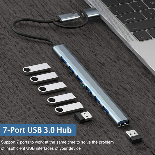 7-Port High-Speed USB Hub | USB-A Expansion with Type-C Adapter | Multi-Port Connector for Computer Peripherals and Data Transfer