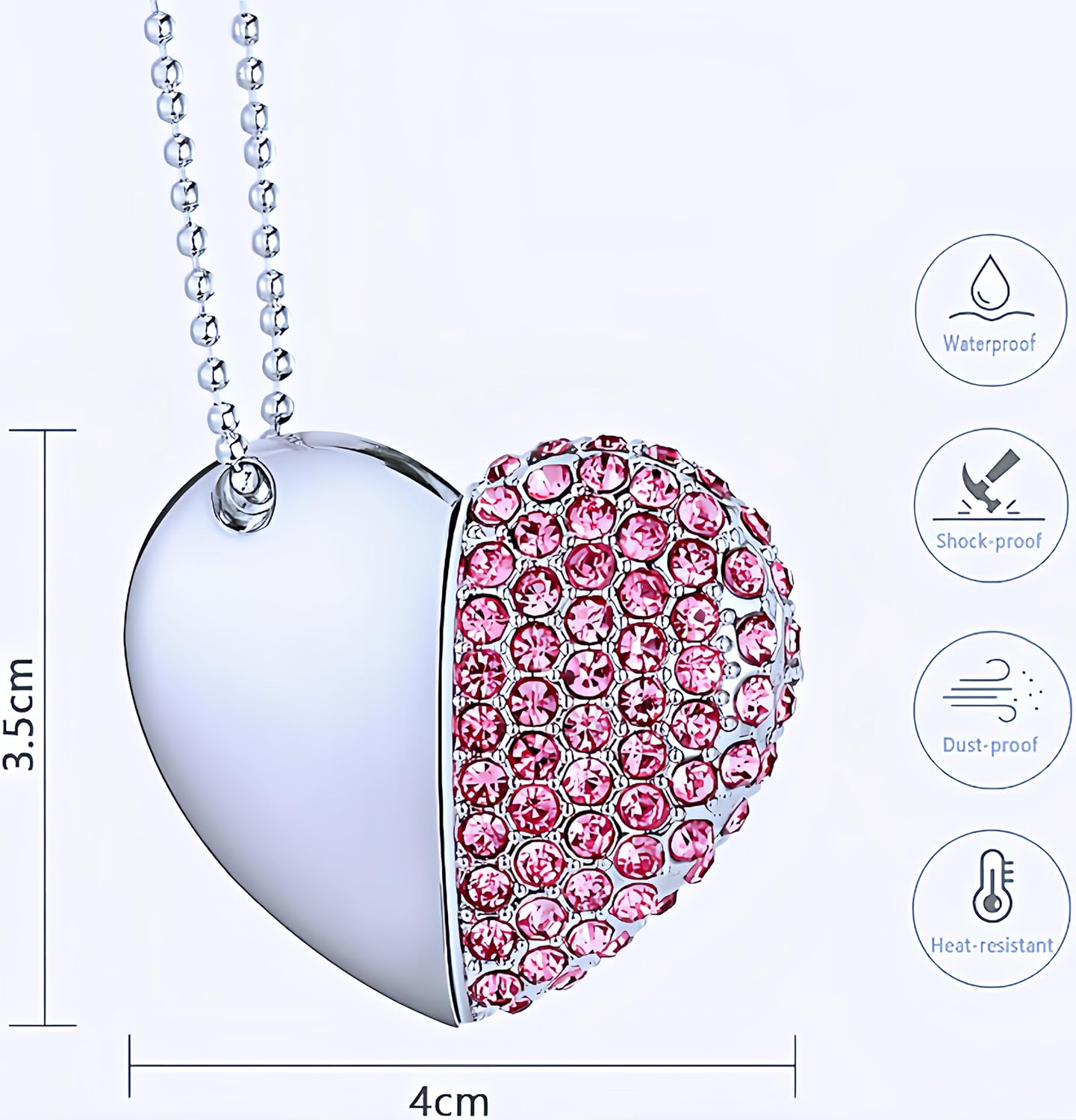 128GB Heart-Shaped USB Flash Drive Necklace | Diamond-Style Pendant USB 3.0 Memory Stick | Portable Storage & Gift Idea