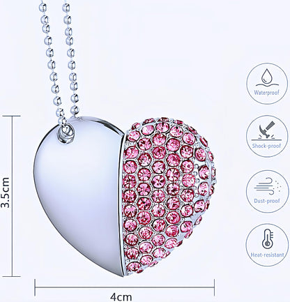 128GB Heart-Shaped USB Flash Drive Necklace | Diamond-Style Pendant USB 3.0 Memory Stick | Portable Storage & Gift Idea