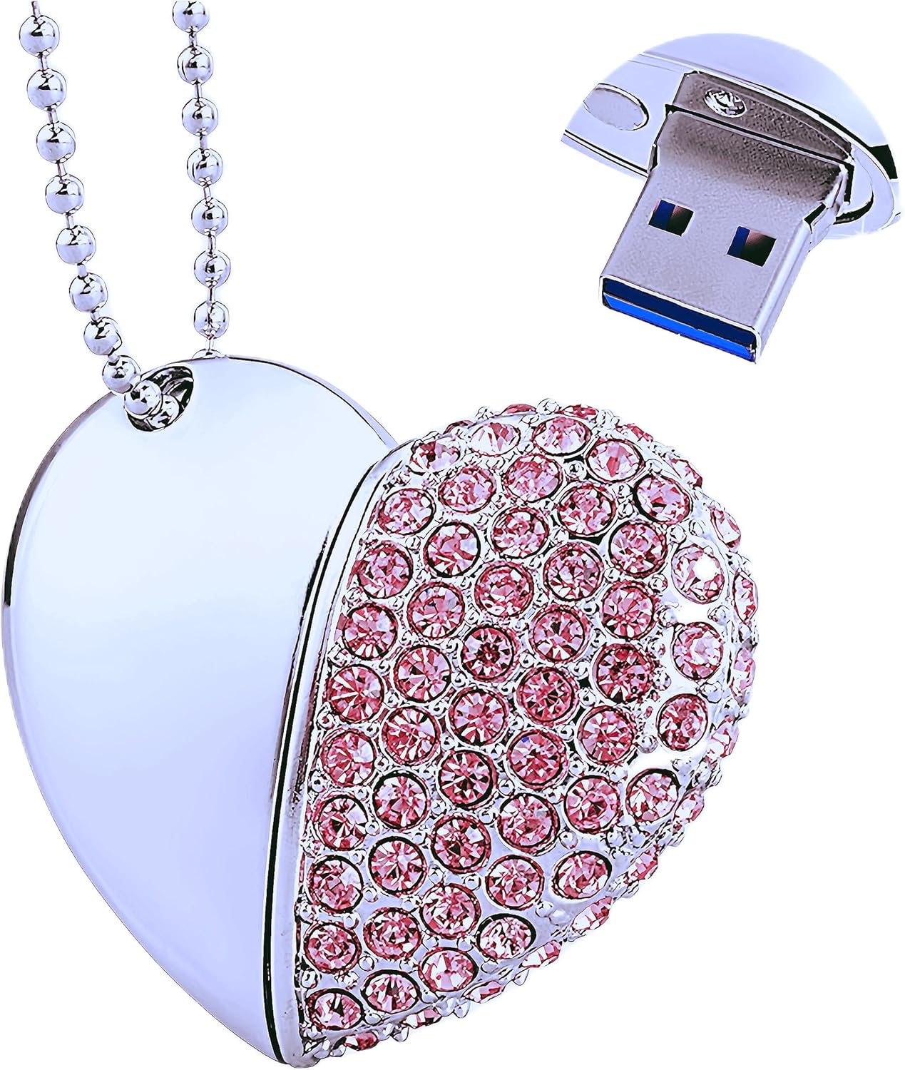 128GB Heart-Shaped USB Flash Drive Necklace | Diamond-Style Pendant USB 3.0 Memory Stick | Portable Storage & Gift Idea