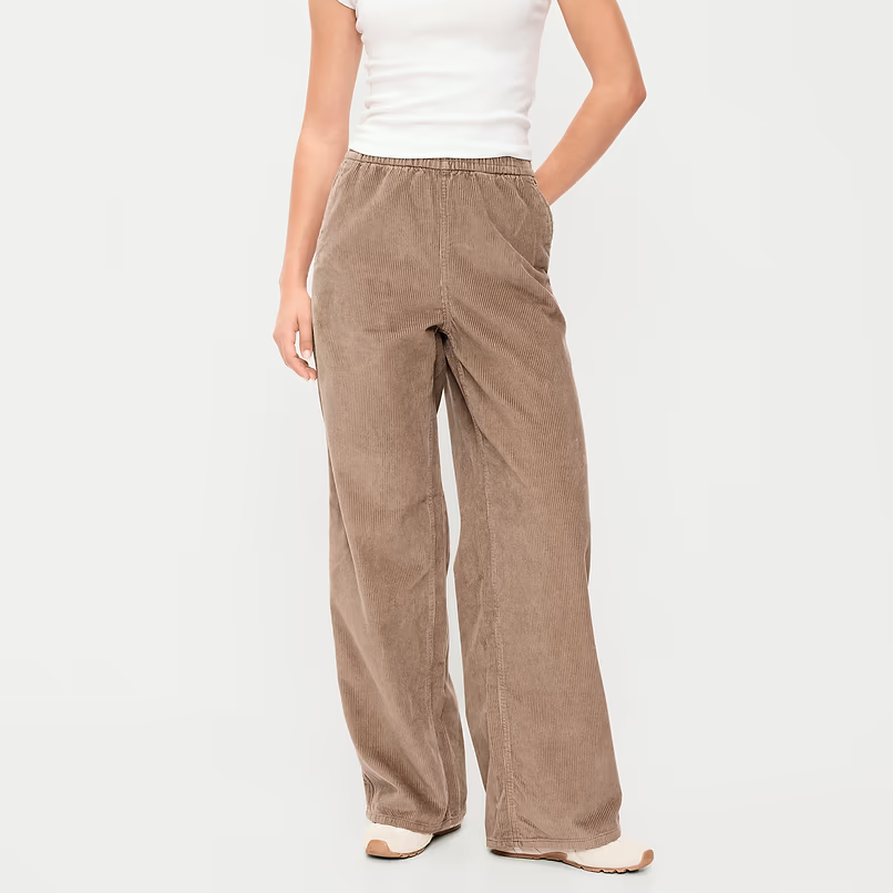 High Waist Elastic Pull-On Baggy Wide Leg Corduroy Pants